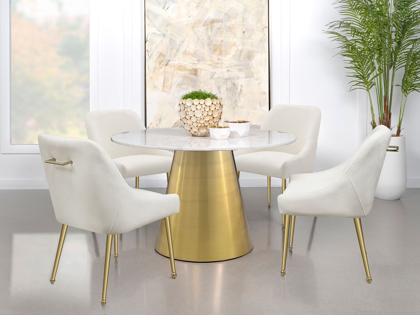 Ambrose Round Dining Table Genuine Marble with Stainless Steel White and Gold