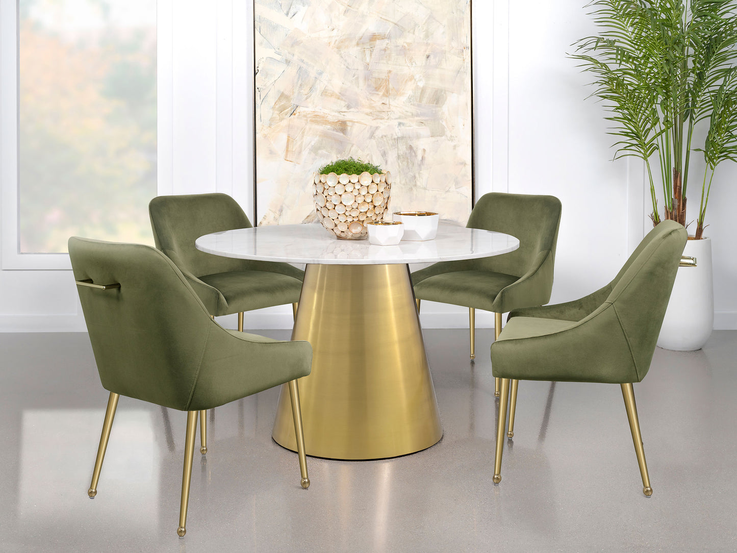 Ambrose Round Dining Table Genuine Marble with Stainless Steel White and Gold