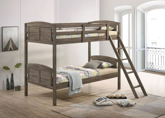 Flynn Wood Twin Over Twin Bunk Bed with Mattress Weathered Brown - Sonoma Home Furniture