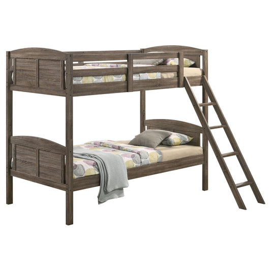 Flynn Wood Twin Over Twin Bunk Bed with Mattress Weathered Brown - Sonoma Home Furniture